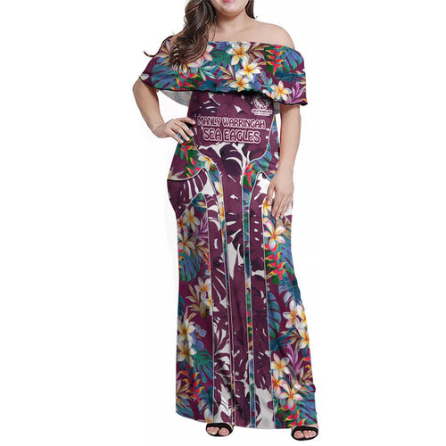 Manly Warringah Sea Eagles Family Matching Off Shoulder Maxi Dress and Hawaiian Shirt Tropical Hibiscus Floral Pattern With Maroon And White Accents