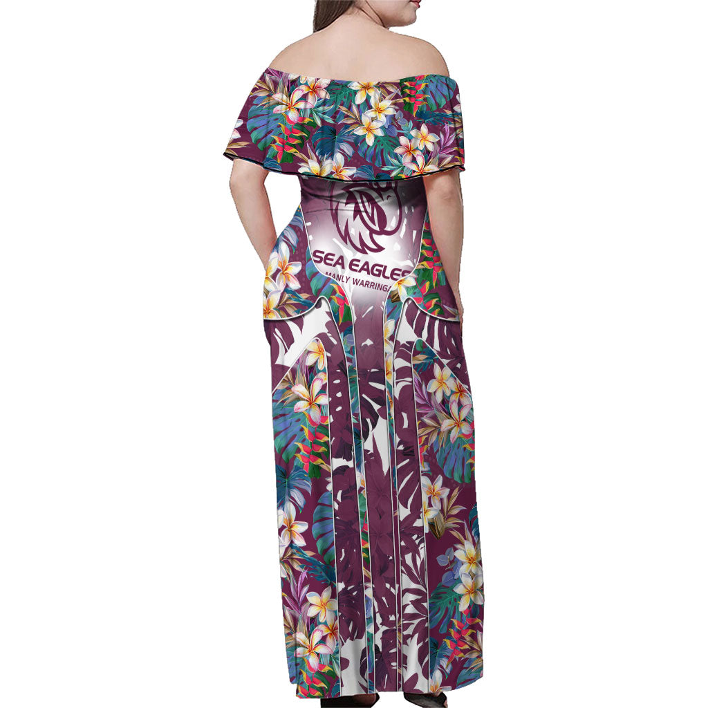 Manly Warringah Sea Eagles Family Matching Off Shoulder Maxi Dress and Hawaiian Shirt Tropical Hibiscus Floral Pattern With Maroon And White Accents