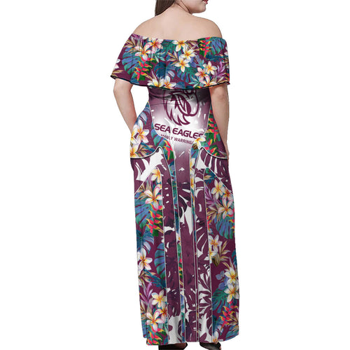 Manly Warringah Sea Eagles Family Matching Off Shoulder Maxi Dress and Hawaiian Shirt Tropical Hibiscus Floral Pattern With Maroon And White Accents