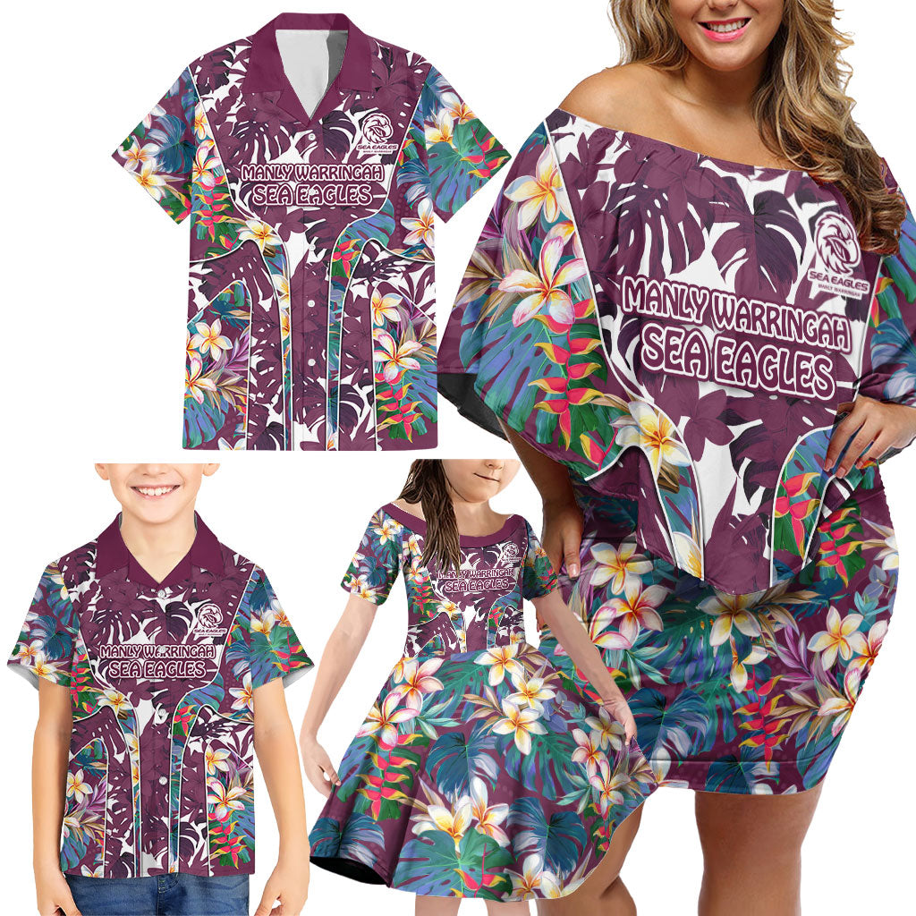 Manly Warringah Sea Eagles Family Matching Off Shoulder Short Dress and Hawaiian Shirt Tropical Hibiscus Floral Pattern With Maroon And White Accents