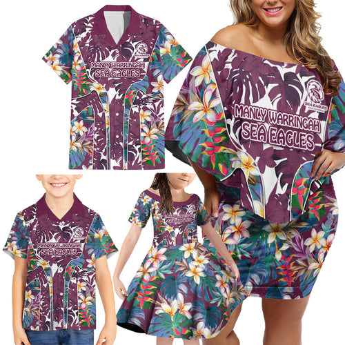 Manly Warringah Sea Eagles Family Matching Off Shoulder Short Dress and Hawaiian Shirt Tropical Hibiscus Floral Pattern With Maroon And White Accents