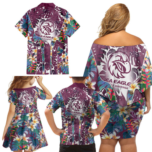 Manly Warringah Sea Eagles Family Matching Off Shoulder Short Dress and Hawaiian Shirt Tropical Hibiscus Floral Pattern With Maroon And White Accents