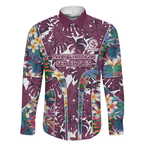 Manly Warringah Sea Eagles Family Matching Off Shoulder Short Dress and Hawaiian Shirt Tropical Hibiscus Floral Pattern With Maroon And White Accents