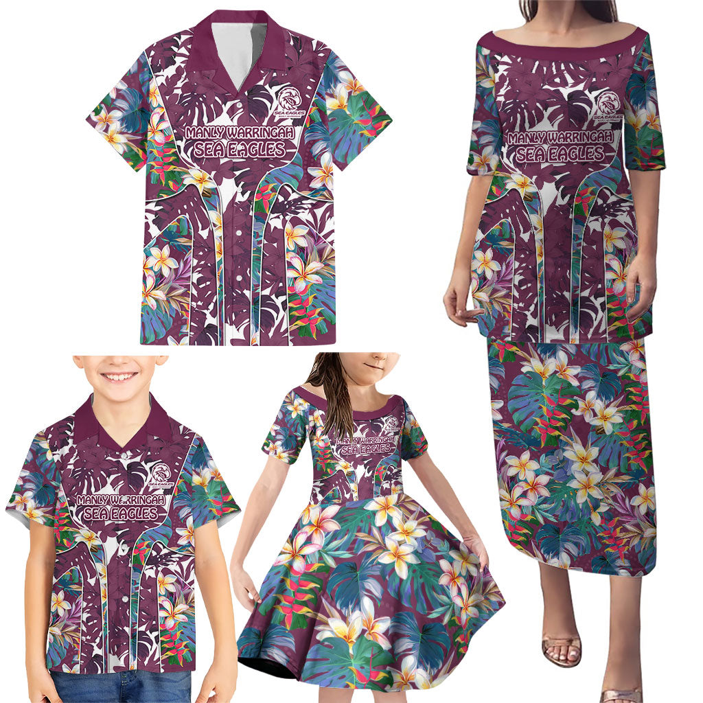 Manly Warringah Sea Eagles Family Matching Puletasi and Hawaiian Shirt Tropical Hibiscus Floral Pattern With Maroon And White Accents