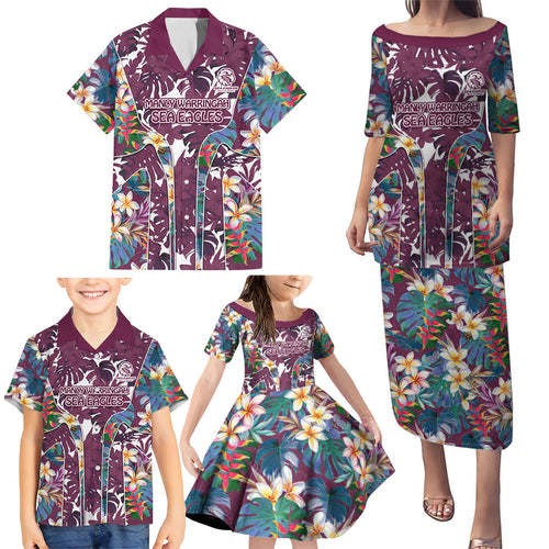 Manly Warringah Sea Eagles Family Matching Puletasi and Hawaiian Shirt Tropical Hibiscus Floral Pattern With Maroon And White Accents