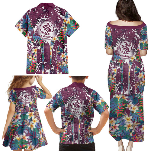 Manly Warringah Sea Eagles Family Matching Puletasi and Hawaiian Shirt Tropical Hibiscus Floral Pattern With Maroon And White Accents
