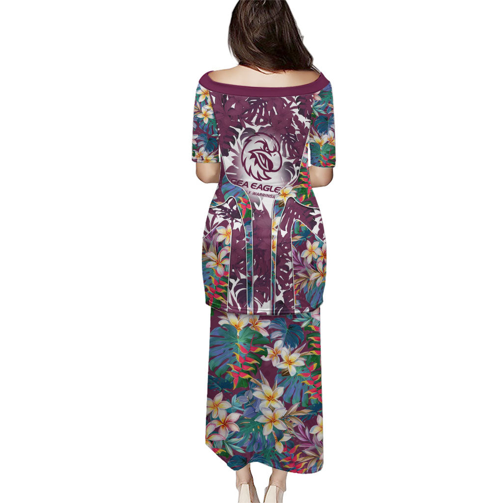 Manly Warringah Sea Eagles Family Matching Puletasi and Hawaiian Shirt Tropical Hibiscus Floral Pattern With Maroon And White Accents