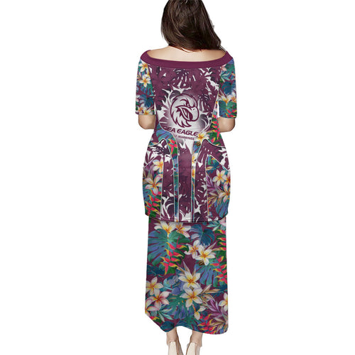 Manly Warringah Sea Eagles Family Matching Puletasi and Hawaiian Shirt Tropical Hibiscus Floral Pattern With Maroon And White Accents
