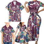 Manly Warringah Sea Eagles Family Matching Short Sleeve Bodycon Dress and Hawaiian Shirt Tropical Hibiscus Floral Pattern With Maroon And White Accents