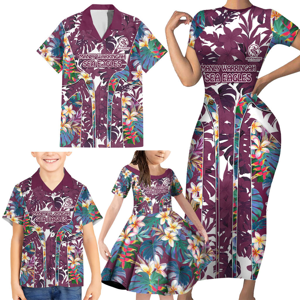 Manly Warringah Sea Eagles Family Matching Short Sleeve Bodycon Dress and Hawaiian Shirt Tropical Hibiscus Floral Pattern With Maroon And White Accents