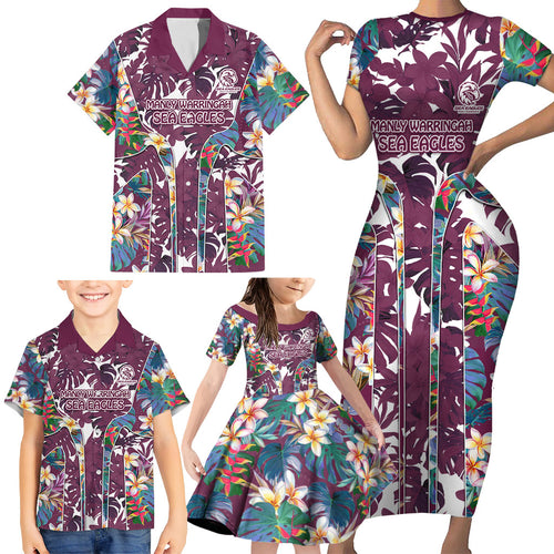 Manly Warringah Sea Eagles Family Matching Short Sleeve Bodycon Dress and Hawaiian Shirt Tropical Hibiscus Floral Pattern With Maroon And White Accents