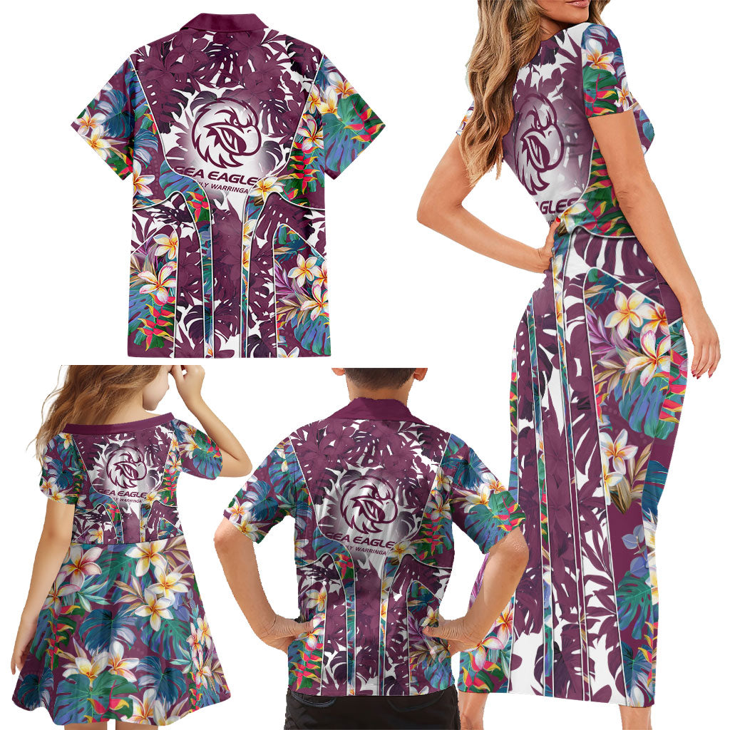 Manly Warringah Sea Eagles Family Matching Short Sleeve Bodycon Dress and Hawaiian Shirt Tropical Hibiscus Floral Pattern With Maroon And White Accents