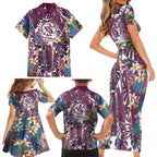 Manly Warringah Sea Eagles Family Matching Short Sleeve Bodycon Dress and Hawaiian Shirt Tropical Hibiscus Floral Pattern With Maroon And White Accents