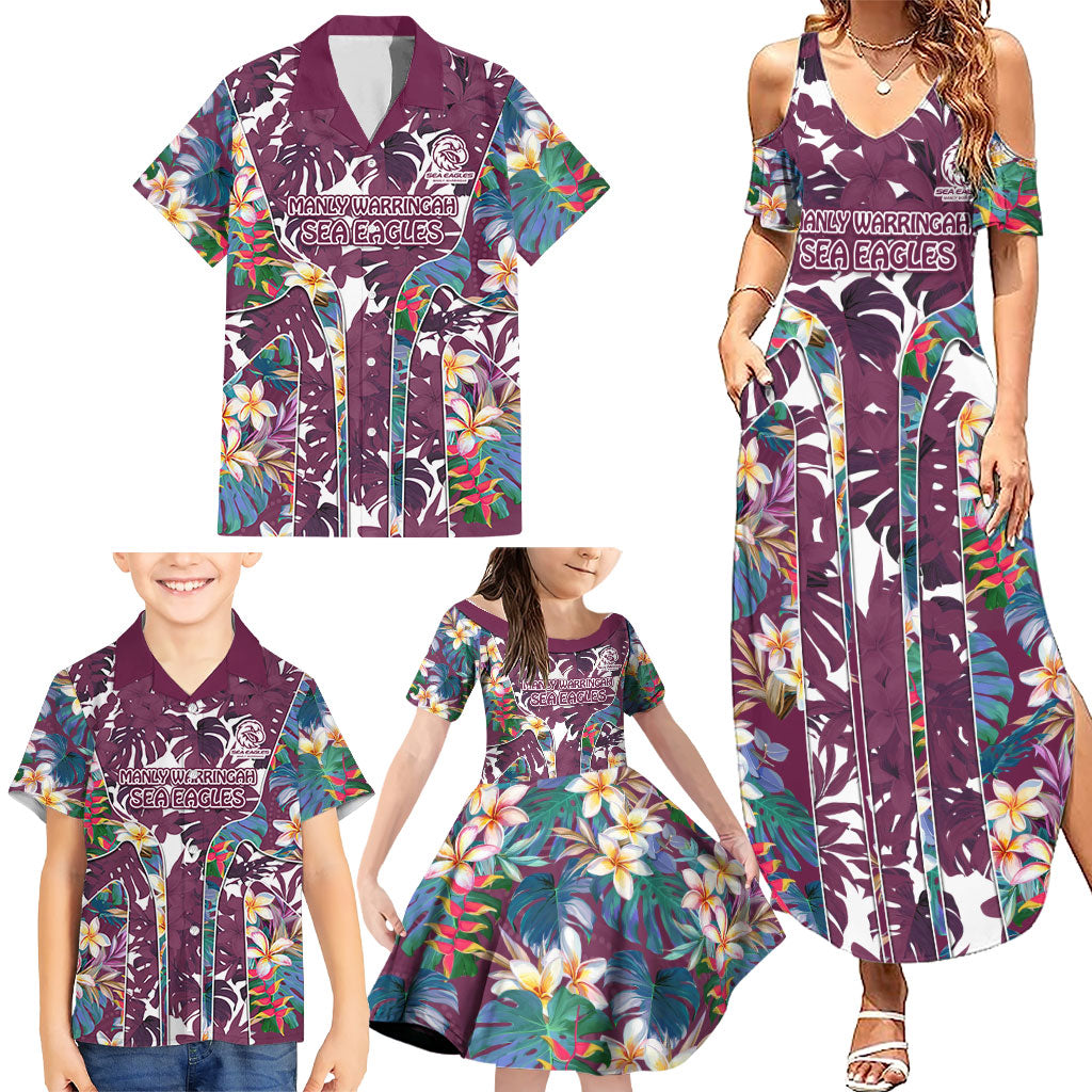 Manly Warringah Sea Eagles Family Matching Summer Maxi Dress and Hawaiian Shirt Tropical Hibiscus Floral Pattern With Maroon And White Accents
