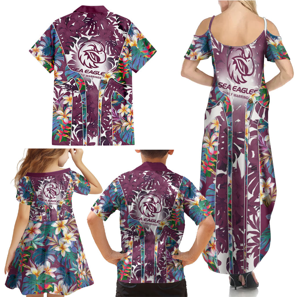 Manly Warringah Sea Eagles Family Matching Summer Maxi Dress and Hawaiian Shirt Tropical Hibiscus Floral Pattern With Maroon And White Accents