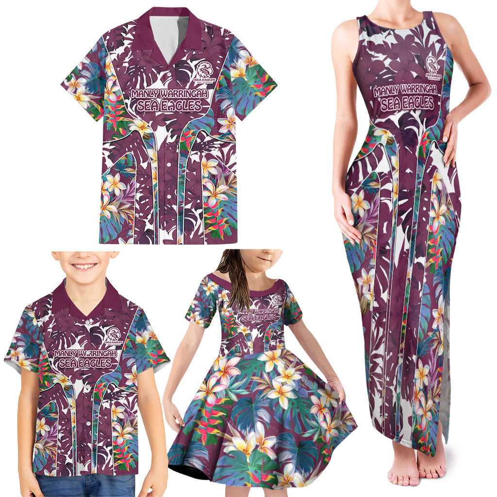 Manly Warringah Sea Eagles Family Matching Tank Maxi Dress and Hawaiian Shirt Tropical Hibiscus Floral Pattern With Maroon And White Accents