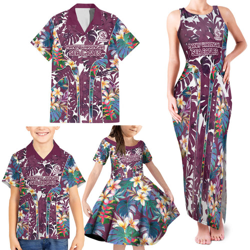 Manly Warringah Sea Eagles Family Matching Tank Maxi Dress and Hawaiian Shirt Tropical Hibiscus Floral Pattern With Maroon And White Accents