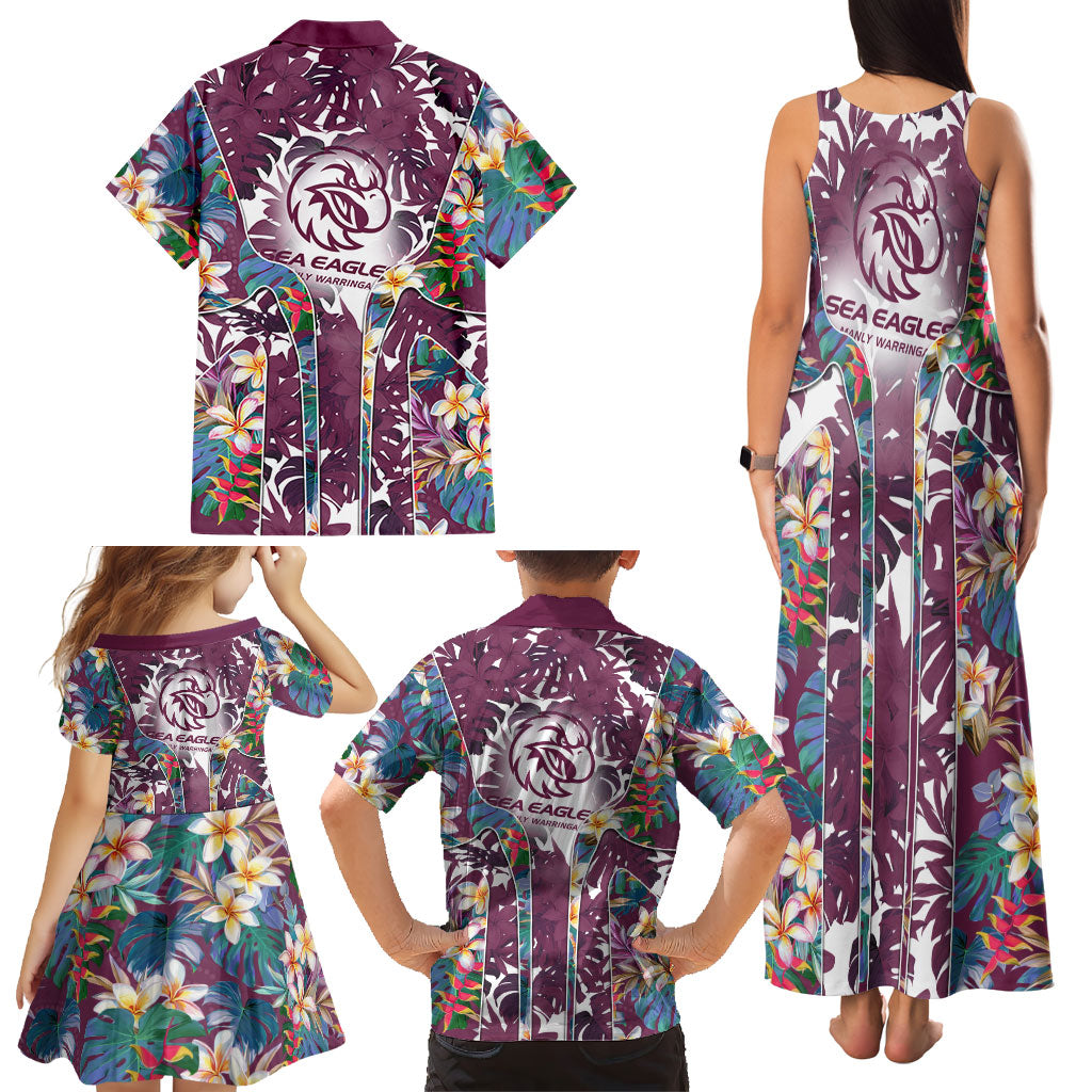 Manly Warringah Sea Eagles Family Matching Tank Maxi Dress and Hawaiian Shirt Tropical Hibiscus Floral Pattern With Maroon And White Accents