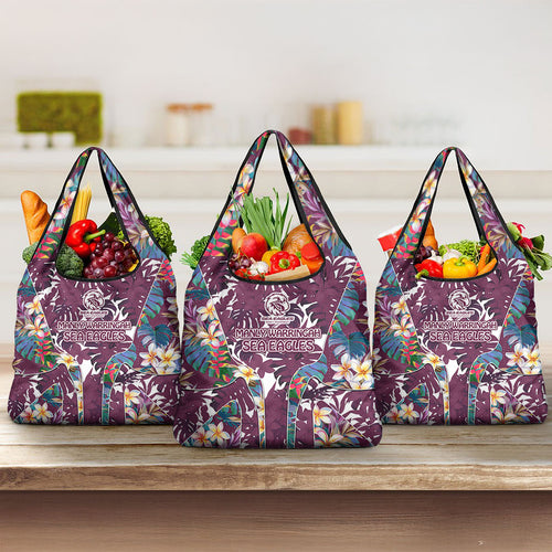 Manly Warringah Sea Eagles Grocery Bag Tropical Hibiscus Floral Pattern With Maroon And White Accents