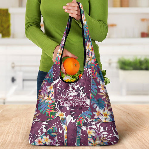 Manly Warringah Sea Eagles Grocery Bag Tropical Hibiscus Floral Pattern With Maroon And White Accents