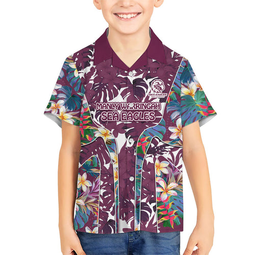 Manly Warringah Sea Eagles Hawaiian Shirt Tropical Hibiscus Floral Pattern With Maroon And White Accents