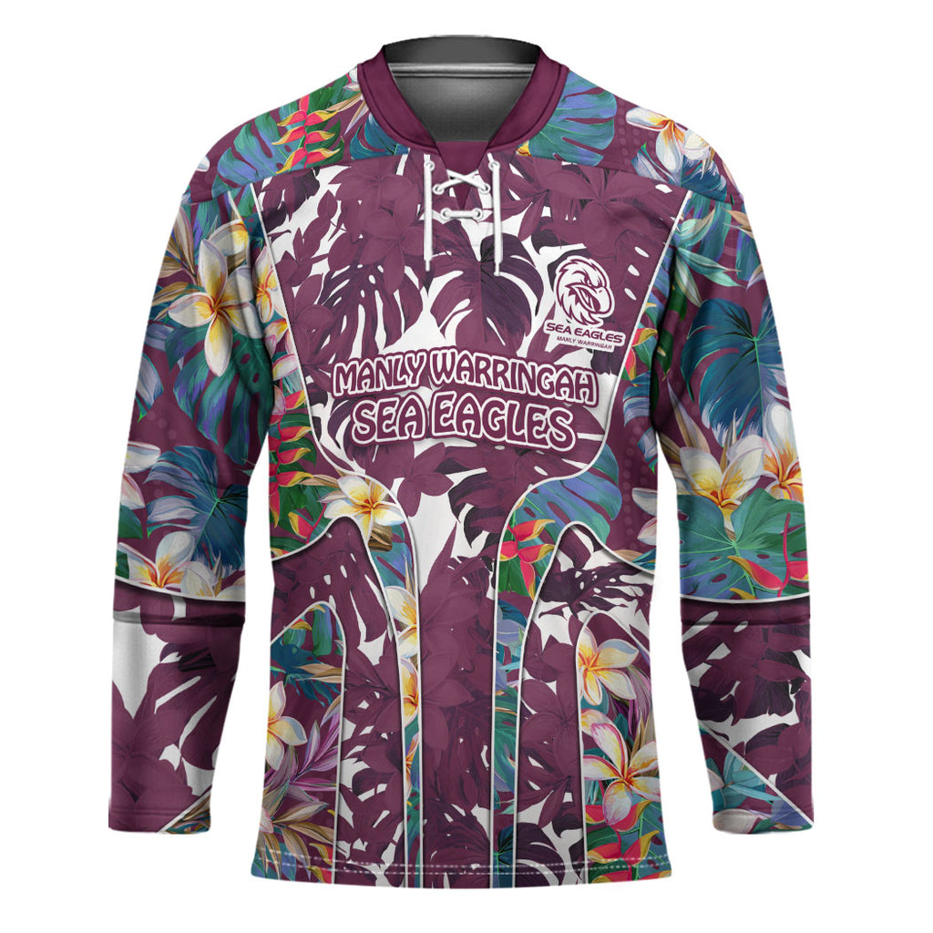 Manly Warringah Sea Eagles Hockey Jersey Tropical Hibiscus Floral Pattern With Maroon And White Accents