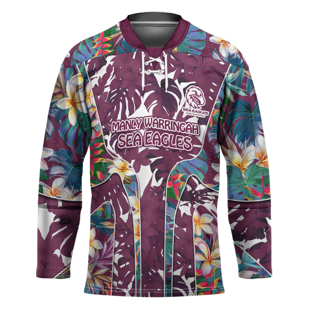 Manly Warringah Sea Eagles Hockey Jersey Tropical Hibiscus Floral Pattern With Maroon And White Accents