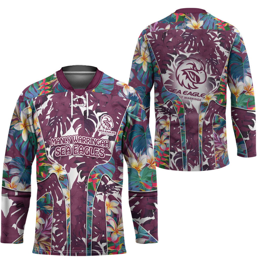 Manly Warringah Sea Eagles Hockey Jersey Tropical Hibiscus Floral Pattern With Maroon And White Accents