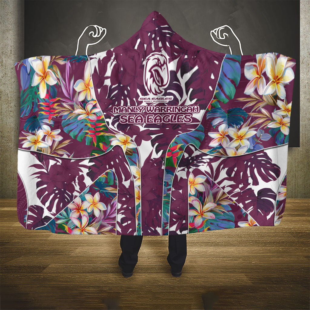 Manly Warringah Sea Eagles Hooded Blanket Tropical Hibiscus Floral Pattern With Maroon And White Accents