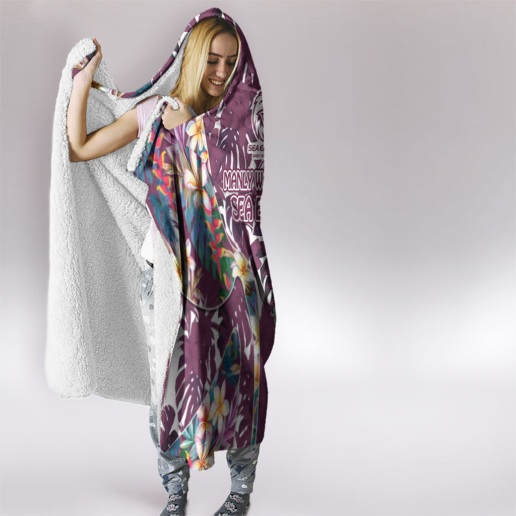 Manly Warringah Sea Eagles Hooded Blanket Tropical Hibiscus Floral Pattern With Maroon And White Accents