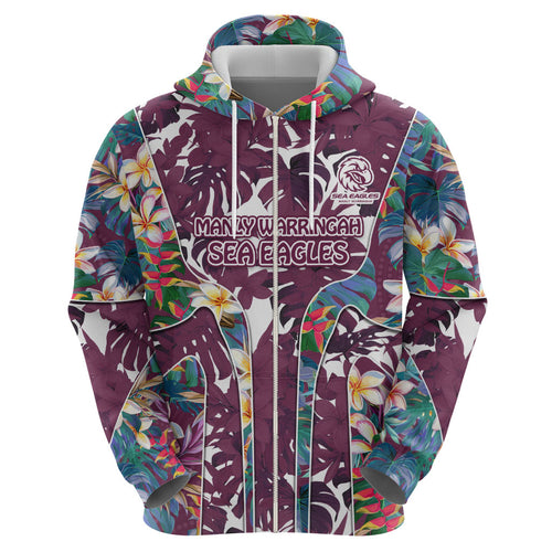 Manly Warringah Sea Eagles Hoodie Tropical Hibiscus Floral Pattern With Maroon And White Accents