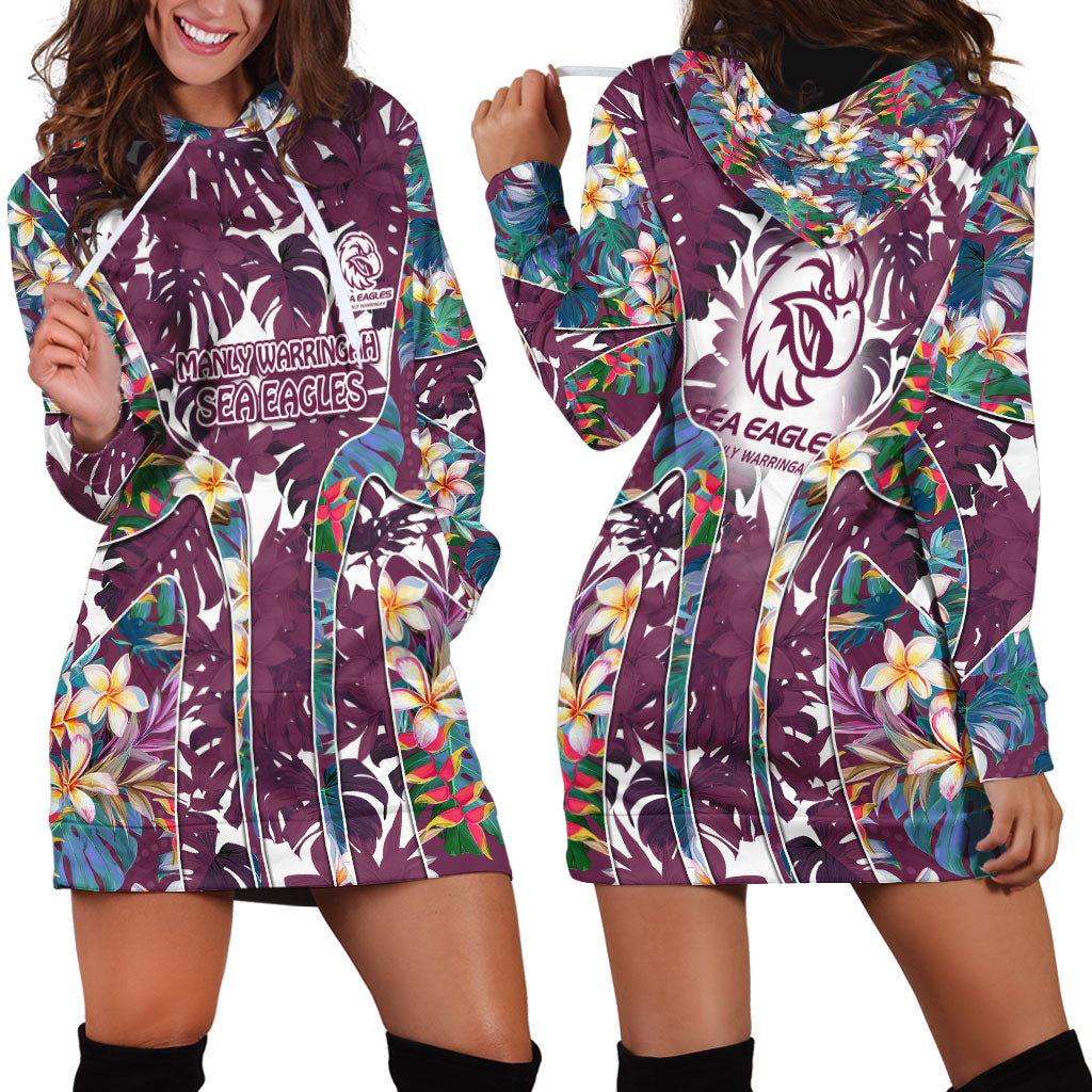 Manly Warringah Sea Eagles Hoodie Dress Tropical Hibiscus Floral Pattern With Maroon And White Accents