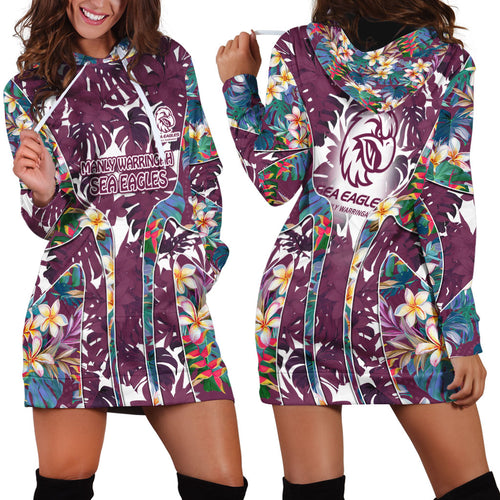 Manly Warringah Sea Eagles Hoodie Dress Tropical Hibiscus Floral Pattern With Maroon And White Accents