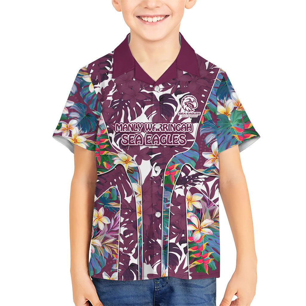 Manly Warringah Sea Eagles Kid Hawaiian Shirt Tropical Hibiscus Floral Pattern With Maroon And White Accents