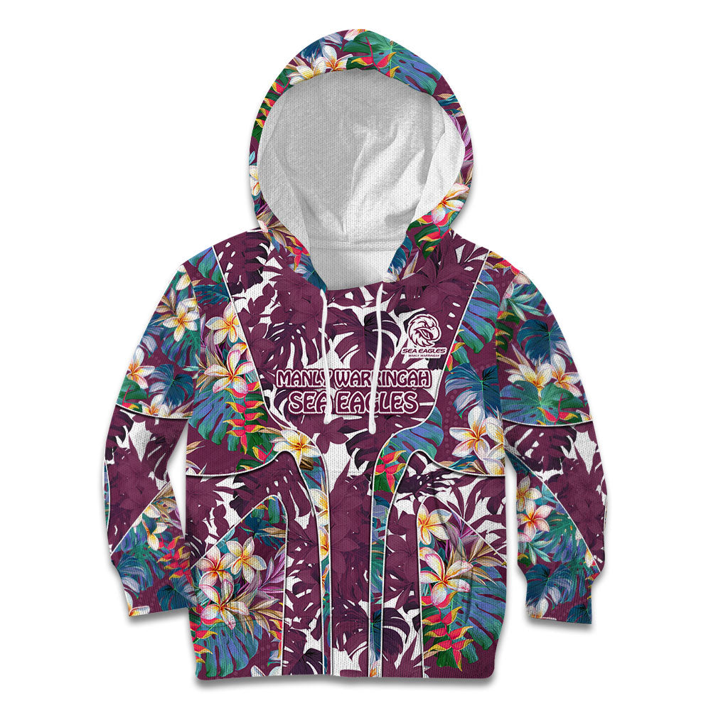 Manly Warringah Sea Eagles Kid Hoodie Tropical Hibiscus Floral Pattern With Maroon And White Accents