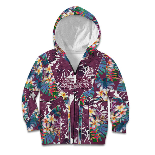 Manly Warringah Sea Eagles Kid Hoodie Tropical Hibiscus Floral Pattern With Maroon And White Accents