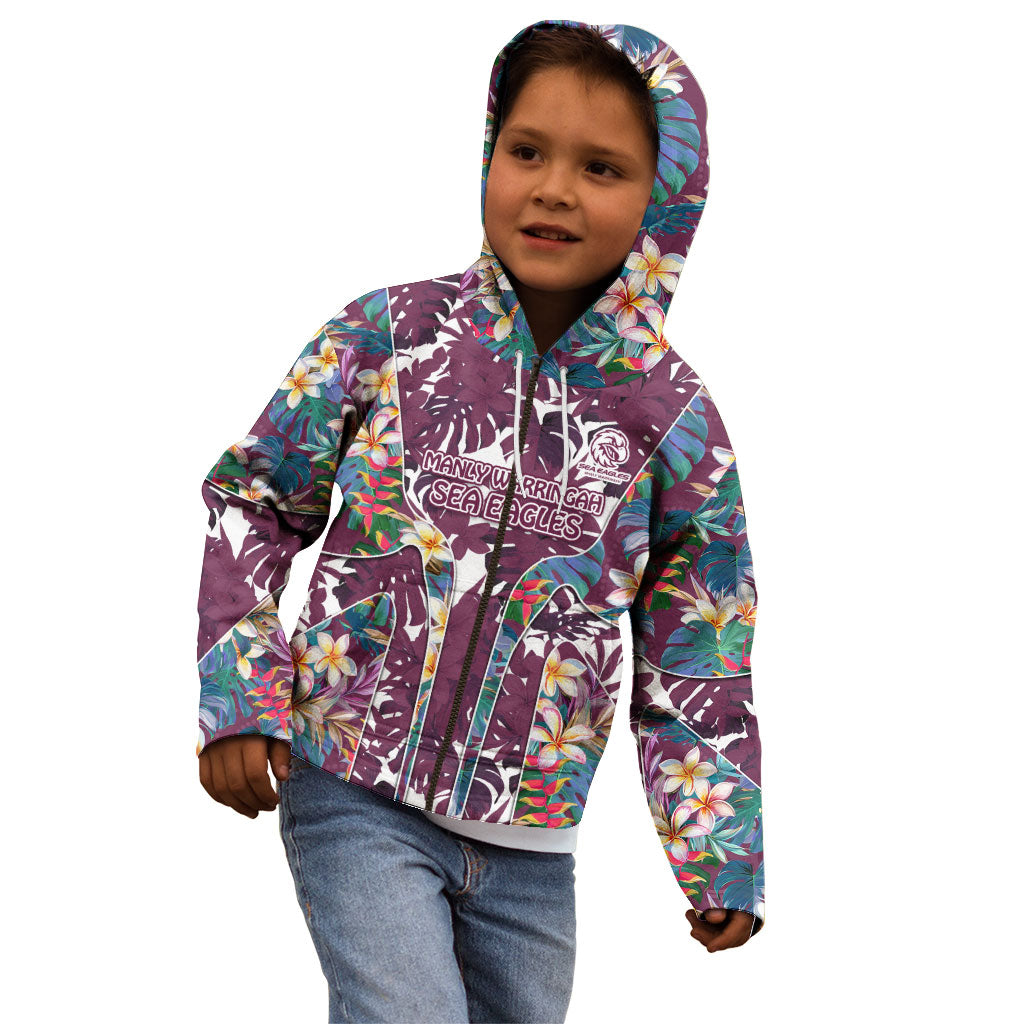 Manly Warringah Sea Eagles Kid Hoodie Tropical Hibiscus Floral Pattern With Maroon And White Accents