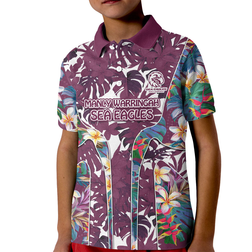 Manly Warringah Sea Eagles Kid Polo Shirt Tropical Hibiscus Floral Pattern With Maroon And White Accents