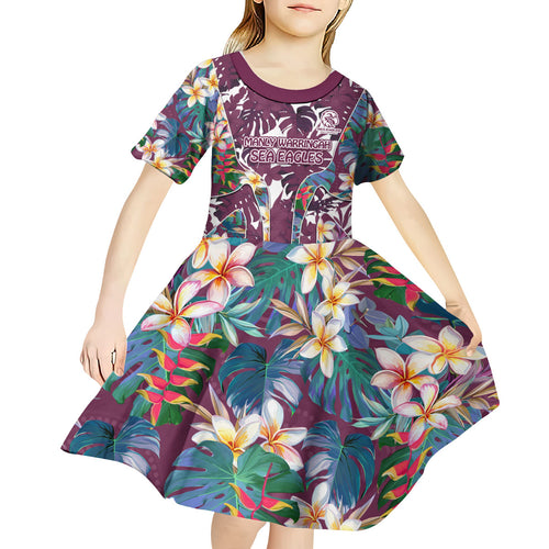 Manly Warringah Sea Eagles Kid Short Sleeve Dress Tropical Hibiscus Floral Pattern With Maroon And White Accents