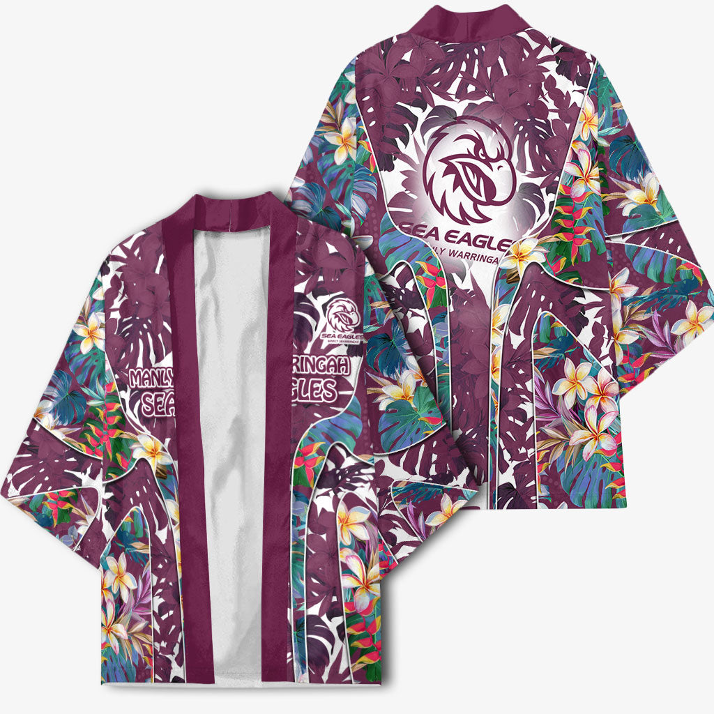 Manly Warringah Sea Eagles Kimono Tropical Hibiscus Floral Pattern With Maroon And White Accents