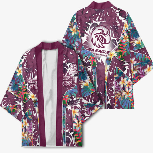 Manly Warringah Sea Eagles Kimono Tropical Hibiscus Floral Pattern With Maroon And White Accents