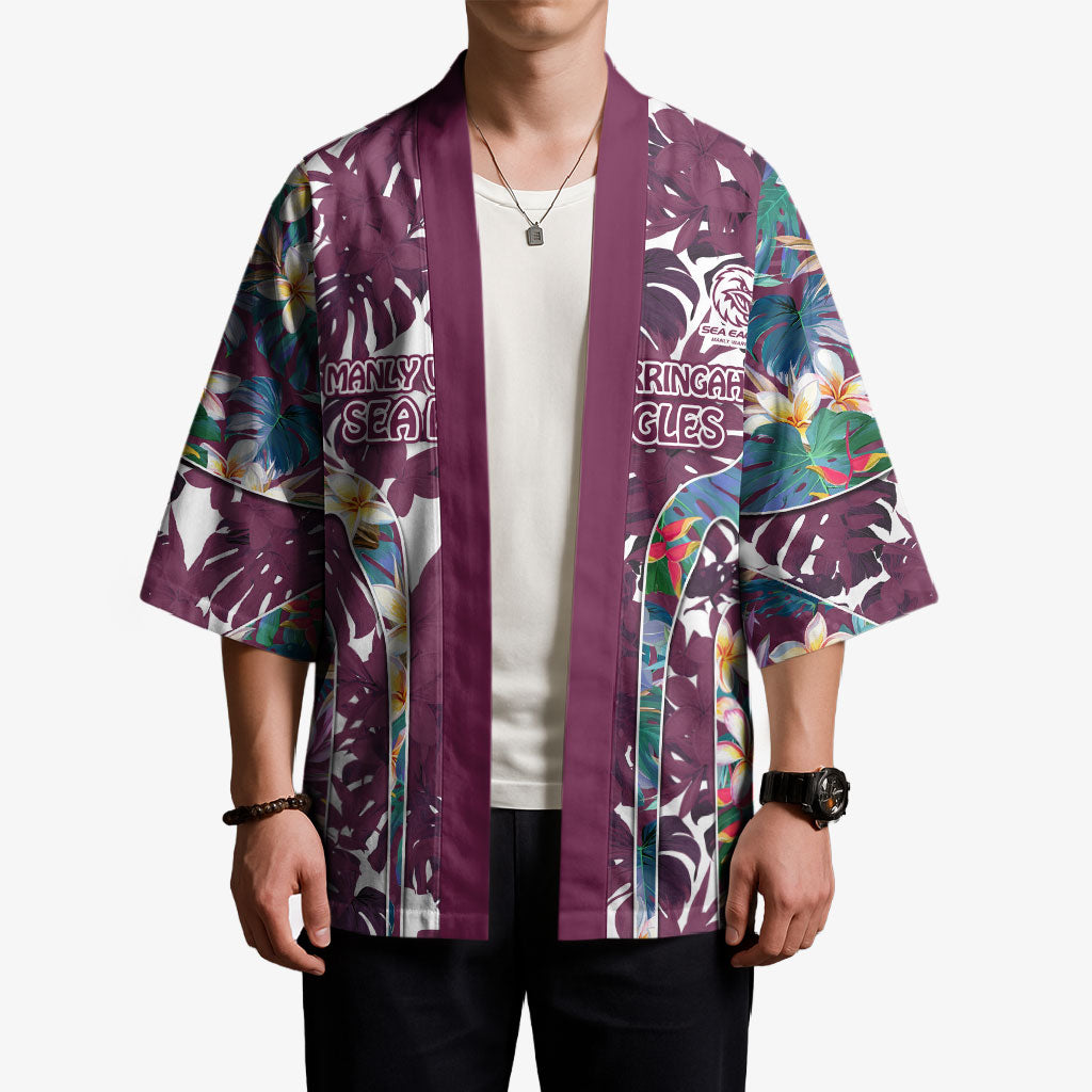 Manly Warringah Sea Eagles Kimono Tropical Hibiscus Floral Pattern With Maroon And White Accents