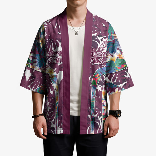 Manly Warringah Sea Eagles Kimono Tropical Hibiscus Floral Pattern With Maroon And White Accents