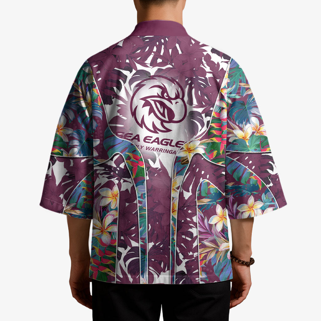 Manly Warringah Sea Eagles Kimono Tropical Hibiscus Floral Pattern With Maroon And White Accents
