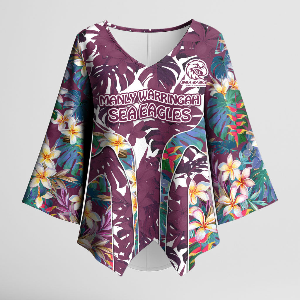Manly Warringah Sea Eagles Kimono Sleeve Blouse Tropical Hibiscus Floral Pattern With Maroon And White Accents