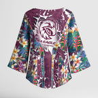 Manly Warringah Sea Eagles Kimono Sleeve Blouse Tropical Hibiscus Floral Pattern With Maroon And White Accents