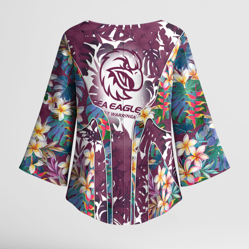 Manly Warringah Sea Eagles Kimono Sleeve Blouse Tropical Hibiscus Floral Pattern With Maroon And White Accents