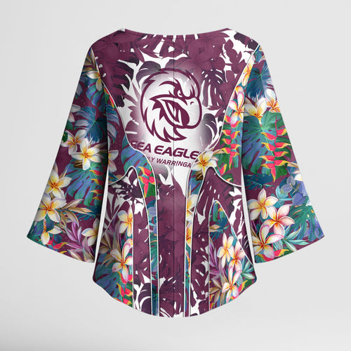 Manly Warringah Sea Eagles Kimono Sleeve Blouse Tropical Hibiscus Floral Pattern With Maroon And White Accents