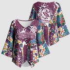 Manly Warringah Sea Eagles Kimono Sleeve Blouse Tropical Hibiscus Floral Pattern With Maroon And White Accents