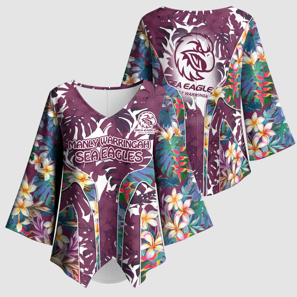 Manly Warringah Sea Eagles Kimono Sleeve Blouse Tropical Hibiscus Floral Pattern With Maroon And White Accents